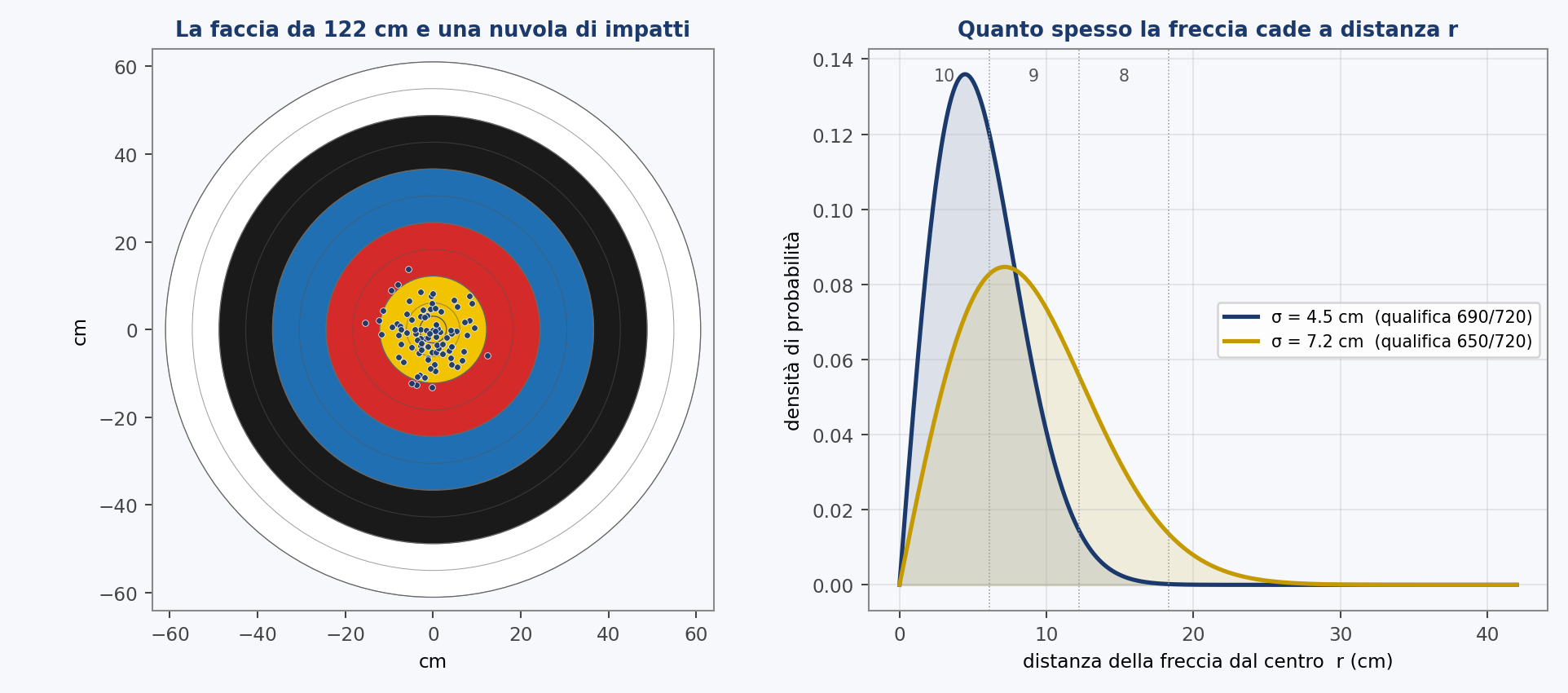 La firma dell'arciere. A sinistra la faccia da 122 cm con una nuvola di impatti; a destra la densità di Rayleigh, cioè quanto spesso la freccia cade a una data distanza dal centro, per due ampiezze diverse.