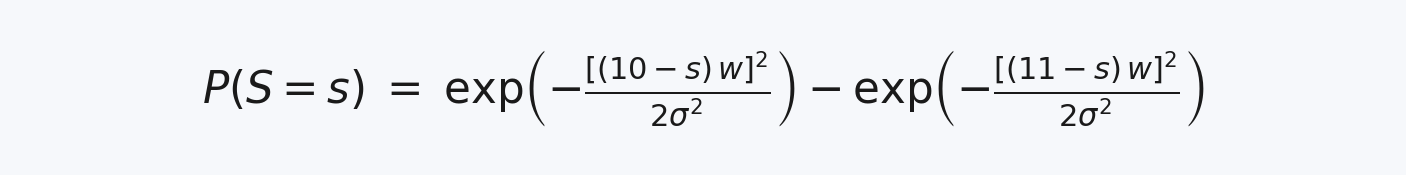 La probabilità di totalizzare esattamente s punti con una freccia, per un arciere di dispersione sigma; w è la larghezza dell'anello, 6,1 cm. La spiegazione riga per riga è in appendice, alla voce F06.