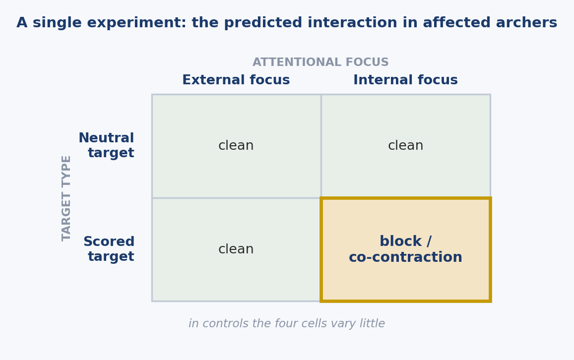 Figure 8. A single experiment. The 2×2 crossing of target type and attentional focus. The disorder’s signature is predicted in a single cell, target with a score and internal focus, in the affected archers, and not in the controls. It is the interaction, not the main effects, that tests the core of the hypothesis. Original diagram for teaching purposes of the proposed experimental design.